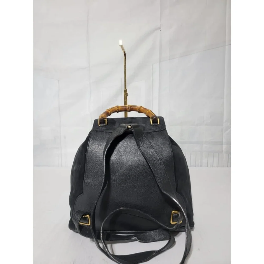 Authentic Gucci Vintage Suede & Leather Bamboo Backpack Black